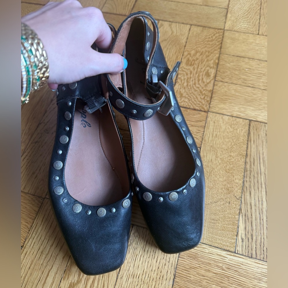 Black Studded Leather Flats with Strap NEVER WORN
